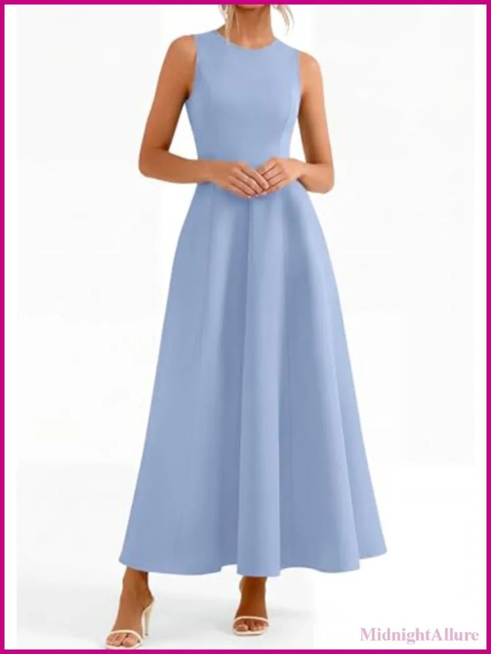 Elegant Sleeveless Maxi Dress with Pockets, Stretch Knit, A-Line, Crew Neck